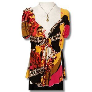 CLIENTELE Leopard floral abstract print v-neck short sleeve top ~ LARGE XL shirt